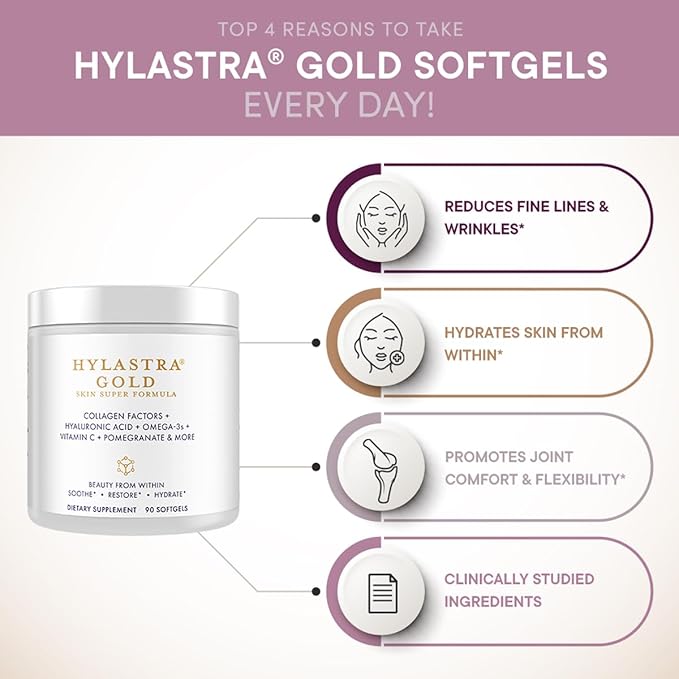 Purity Products Hylastra Gold Softgels Collagen + Hyaluronic Acid + Beauty Boosting Powerhouse Ingredients - Increased Skin Hydration & Elasticity - Reduces Fine Lines & Wrinkles - 90 Softgels