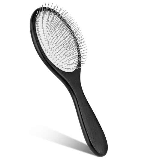 Paddle Wig Brush, Portable Travel Hair Brush with Metal Bristle and Wood Handle, Anti-static Air Cushion Detangler Hairbrush for Women and Men Hair Growth and Scalp Massaging - Black