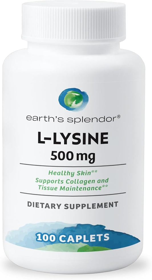 Earth's Splendor L-Lysine 500 mg Dietary Supplement for Men & Women, Supports Collagen & Tissue Maintenance (500 mg, 100 Caplets)