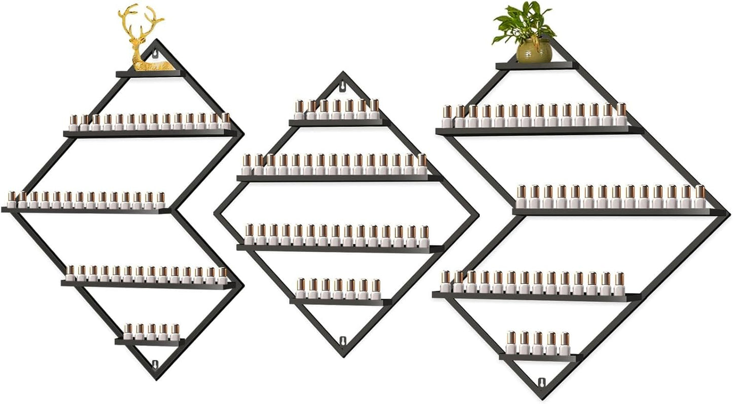 EBANKU Metal Wall Mounted Nail Polish Storage Racks, Black Display Rack Cosmetic Display Case Lipstick Wall Shelf Essential Oil Organizer for Bottles Spa Nail Salon (Irregular Rhomboid)