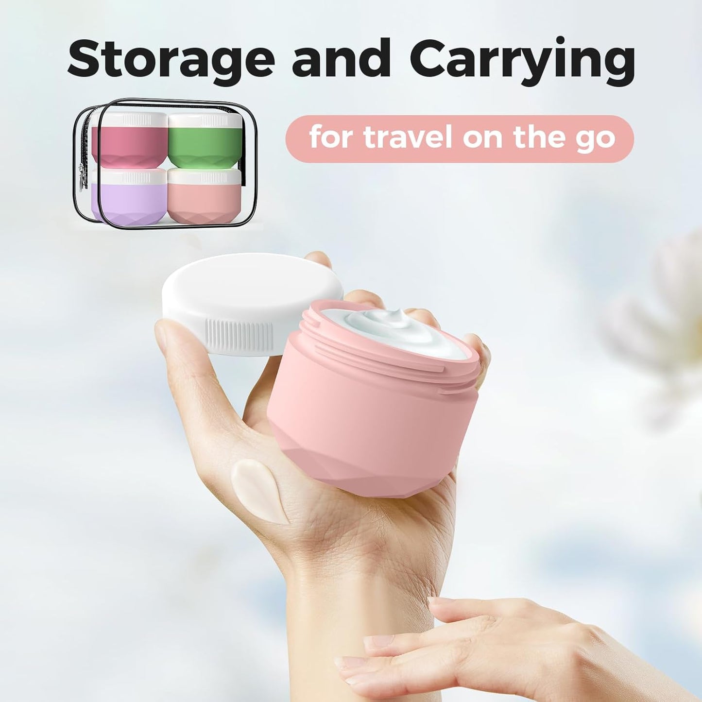 Travel Containers for Toiletries, 4-Pack TSA Approved Silicone Jars (2.5oz) - BPA Free Leakproof Cosmetic Containers for Creams, Lotion, Skincare & Makeup with Bonus Waterproof Bag