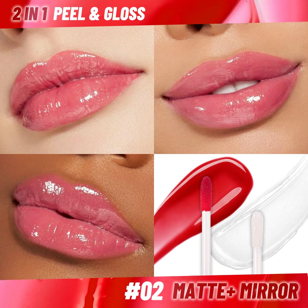 Dewy Rose Lip Stain Peel Off Lip liner and Lip oil with Tweezer, Dual-Ended Peel Off Lip Stain Tattoo, Highly Pigmented Long Lasting Waterproof, Transfer-proof for All Skin Types, 02#