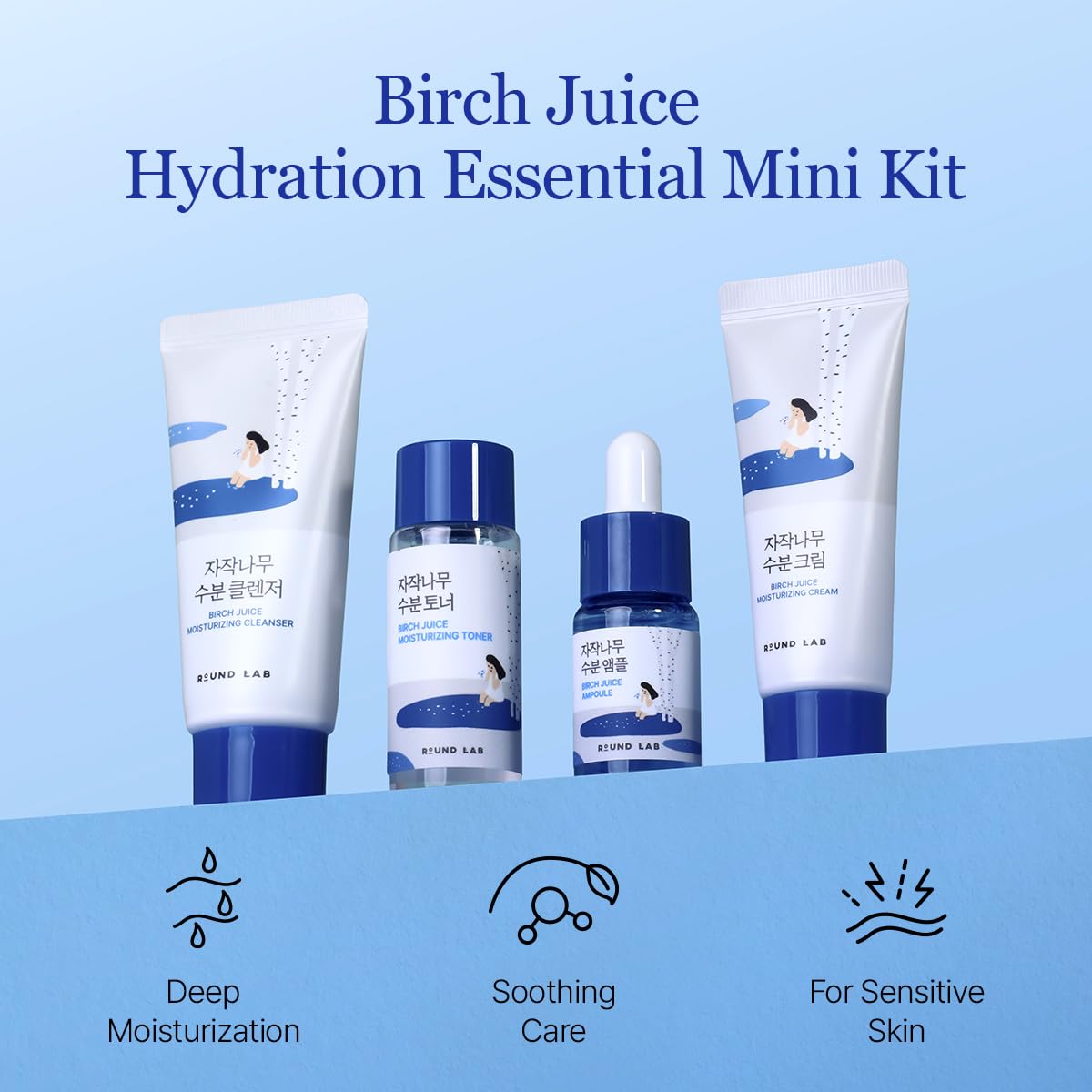 ROUND LAB Birch Juice Moisturizing Mini Kit, 4-Step Travel Size Skincare Set (Cleanser, Toner, Ampoule, Cream) | Korean Moisturizer, Hydrating Routine | Soothing Care for Acne-Prone, Sensitive Skin