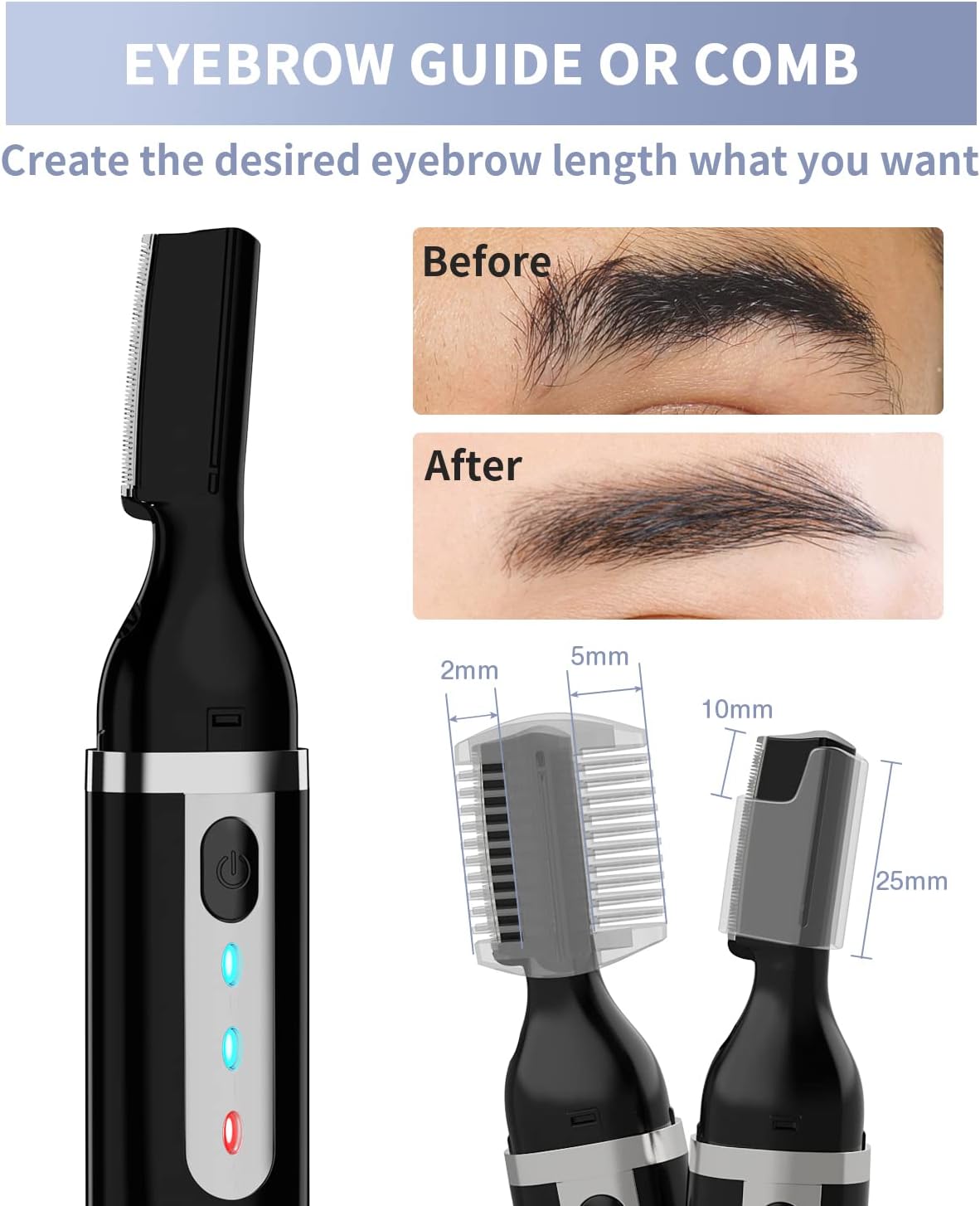 Eyebrow Trimmer, Electric Eyebrow Razor for Women Men, Rechargeable Painless LED Light Facial Hair Shaver Remover with Rinseable Blade for Face Lips Neck Leg