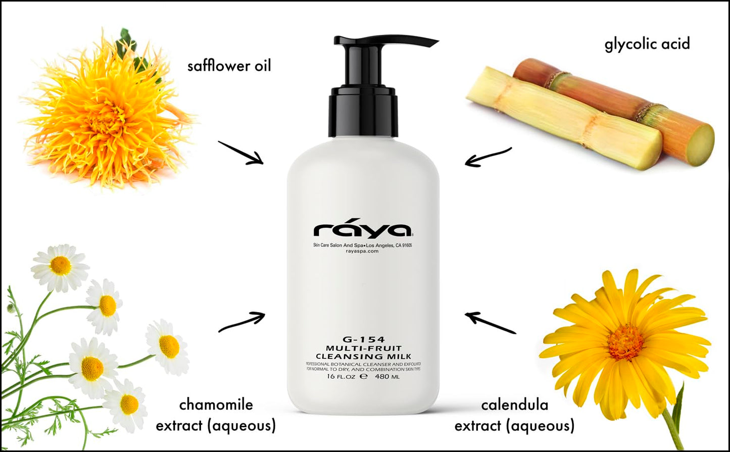 Raya Multi-Fruit Facial Cleansing Milk with AHA and BHA 16 oz (G-154) | Exfoliating Soap-Free Cleanser and Make-Up Remover for Dry and Combo Skin | Made with Multi-Fruit Alpha and Beta Hydroxy Acids
