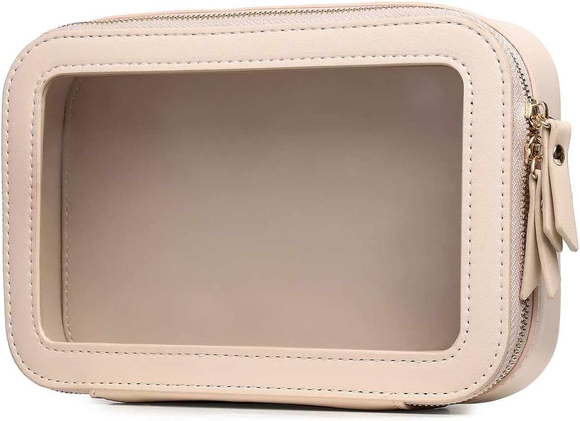 Pinkmik Clear Makeup Bag Transparent Travel Case for Cosmetics and Toiletries Women's Clear Car Bag with Zipper (Beige, Small)