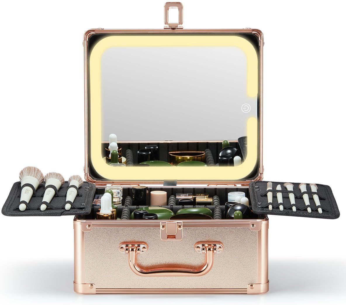 Qislee Makeup Box with A Detachable Lighted Mirror, Waterproof Travel Train Case, Cosmetic Organizer and Makeup Suitcase with Adjustable Dividers, Magnetic LED Mirror(Rose Gold)