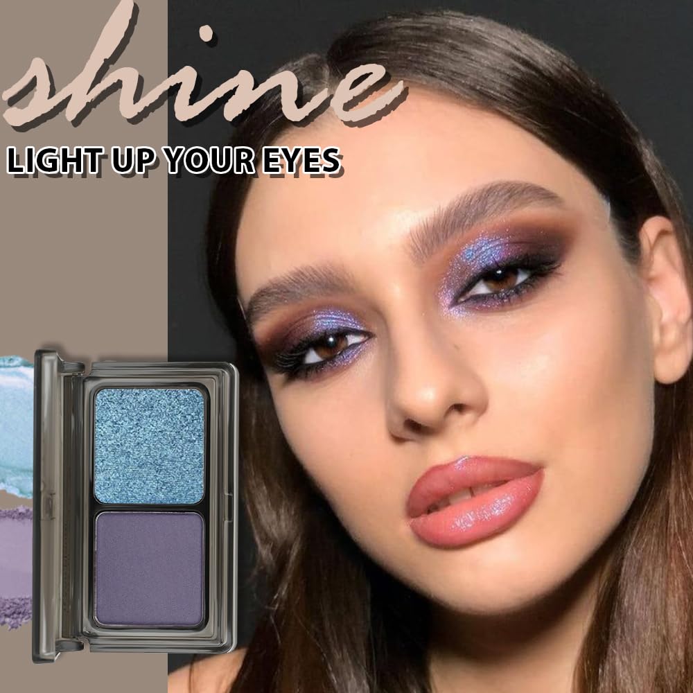 Dark Purple Blue Two Color Matte Shimmer Glitter Eyeshadow Palette,Eye Shadow Powder Professional Long-Lasting Waterproof Makeup Palette,Easy-To-Apply and Compact for Travel,Vegan & Cruelty-Free