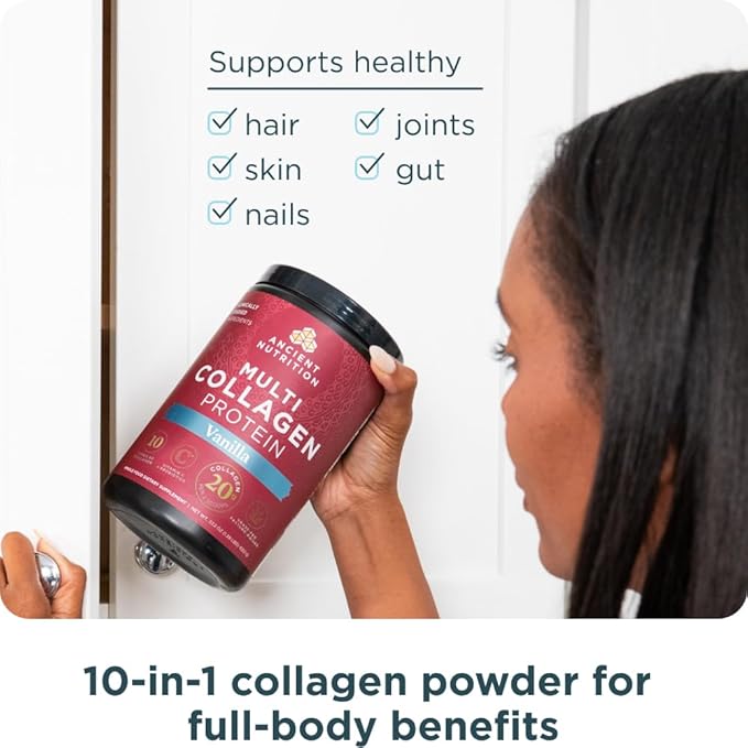 Ancient Nutrition Collagen Peptides Powder, Multi Collagen Protein, Women & Men, Vitamin C, Probiotics, Hydrolyzed Collagen, Supports Skin, Joints, Gut Health, Vanilla, 24 Servings