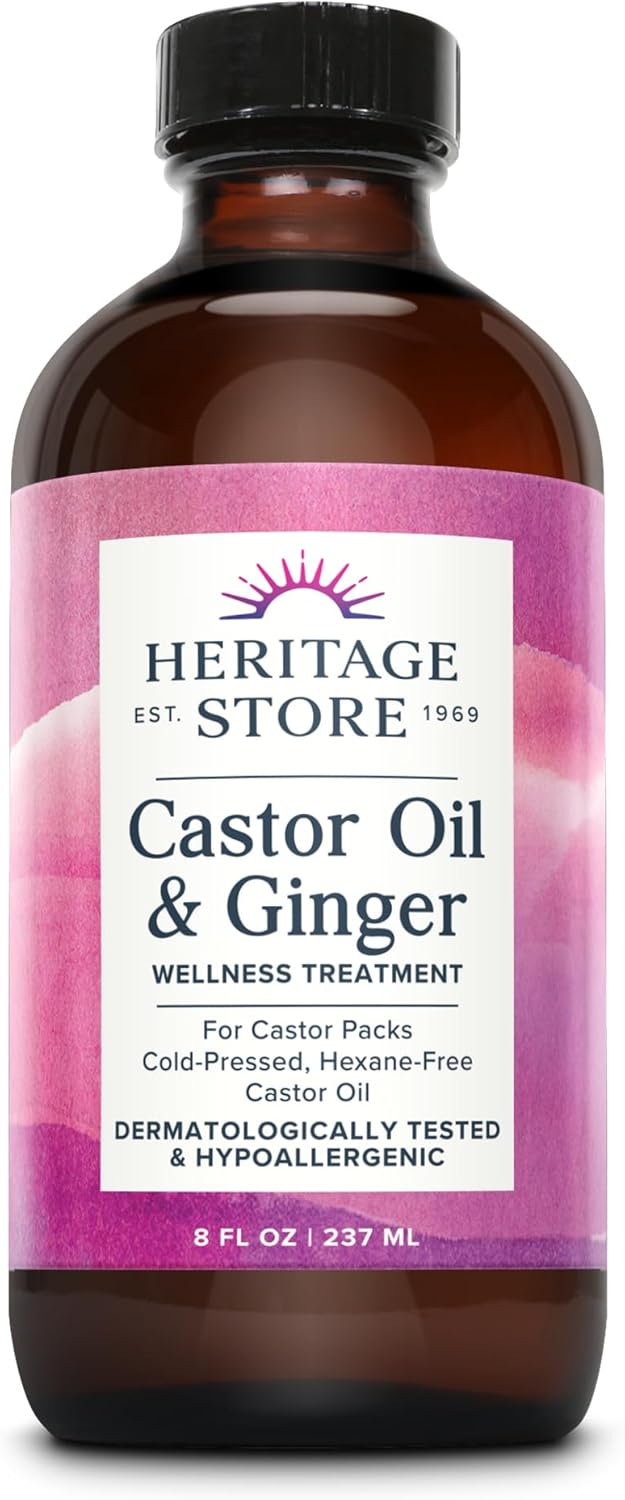HERITAGE STORE Castor Oil & Ginger - Cold Pressed Organic Castor Oil Pack Wrap - Heat Compress for Abdomen, Joints, Overall Wellness with Calming Ginger - Hypoallergenic, Vegan, 60-Day Guarantee, 8oz