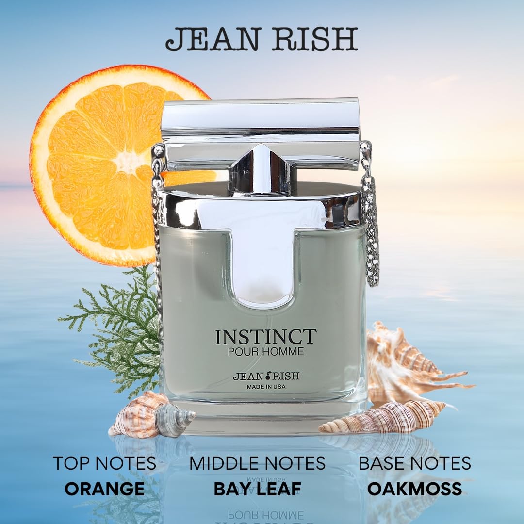 Jean Rish Instinct Pour Homme Eau De Toilette - Perfume for Men (3.4 Fl Oz / 100ml) with Ambergis, Jasmine & Orange Notes - Long Lasting and Luxury Fragrance, Made in USA