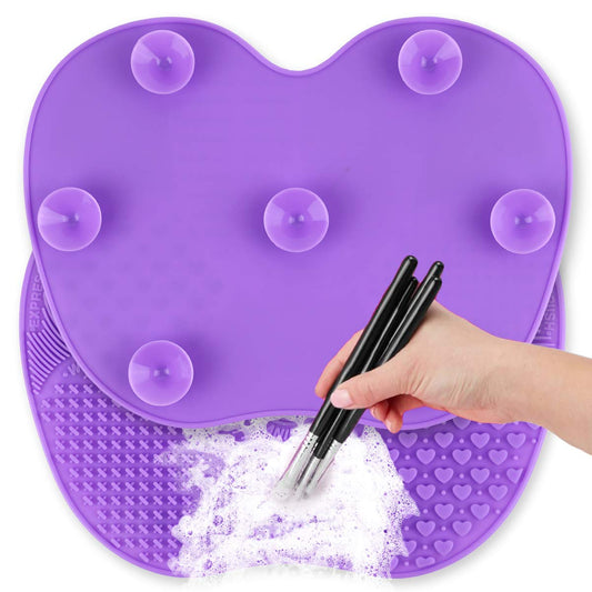 Silicon Makeup Brush Cleaning Mat - Multi-Textured Surface, Suction Cup for Hands-Free Use, Portable Design - Purple
