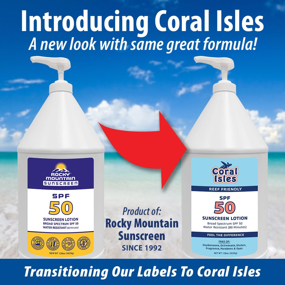 Coral Isles by Rocky Mountain Sunscreen | SPF 50 Lotion | Broad Spectrum UVA/UVB Protection | Hawaii Reef-Safe Act Compliant | Oxybenzone & Octinoxate Free | Water Resistant 80 Min. | 128 Fl Oz
