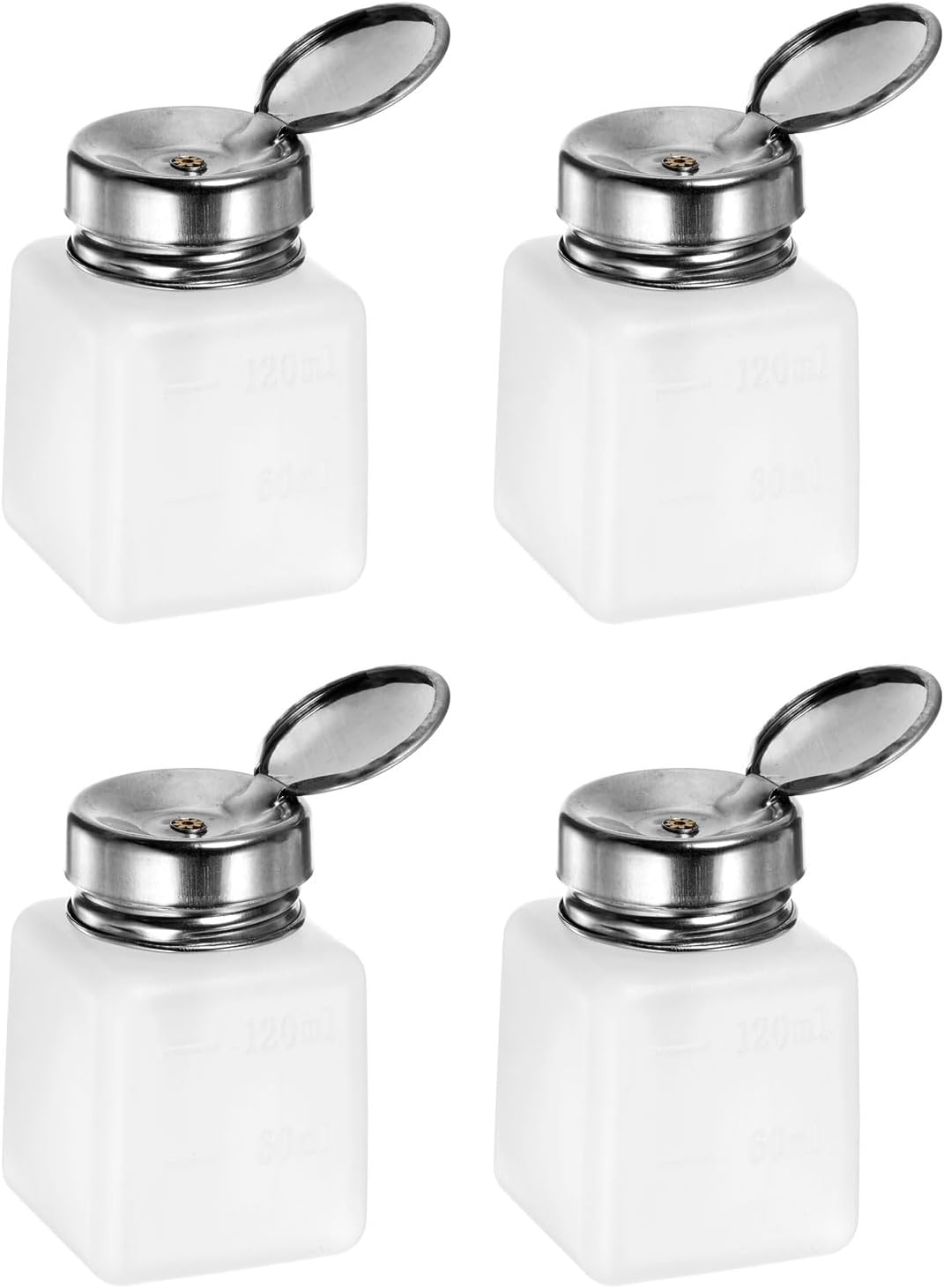 HARFINGTON 4PCS 120ML(4oz) Push Down Alcohol Dispenser Pump Liquid Press Empty Bottles Refillable Container for Acetone Cleanser Nail Polish Remover, White