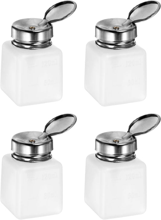 HARFINGTON 4PCS 120ML(4oz) Push Down Alcohol Dispenser Pump Liquid Press Empty Bottles Refillable Container for Acetone Cleanser Nail Polish Remover, White