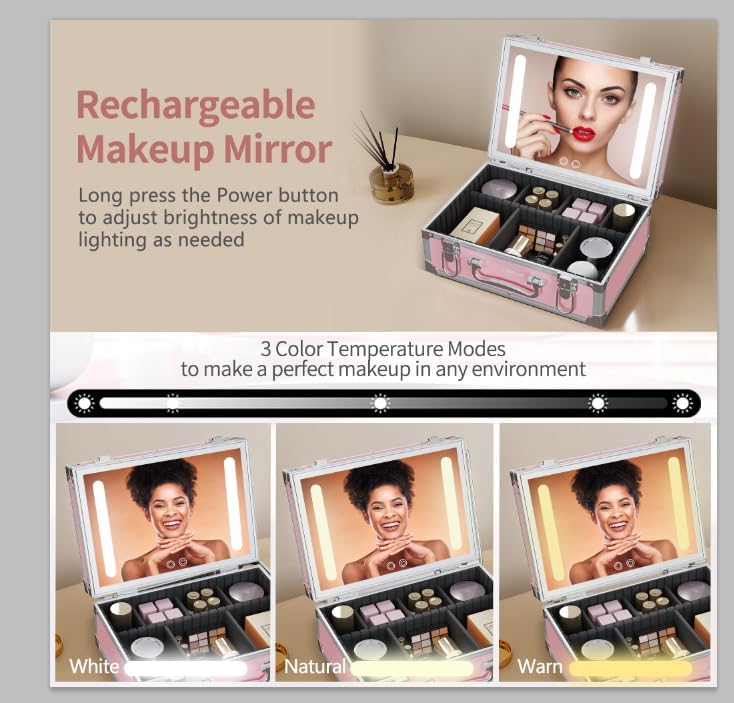 Travel Makeup Case with LED Mirror - Hard Shell Pink Travel Makeup Bag with Mirror - Portable Makeup Organizer with Mirror, Vanity Case for Cosmetics, Adjustable Divider