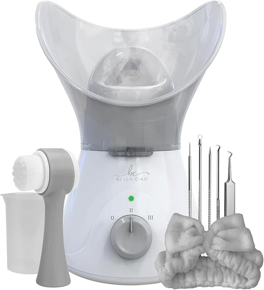 Bella Ciao Gentle Face Steamer for Facial Deep Cleaning, 11-PC | Facial Steamer for Proactive Acne Treatment Unclogs Pores & Treats Allergies | Facial Skin Care Products Includes Needles & Tweezers