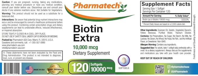 Biotin Vitamin for Hair Growth, Biotin 10000mcg, Improves Skin and Nails Quality, Vitamin B7, Supplement for Women, Gluten Free, 120 Softgels