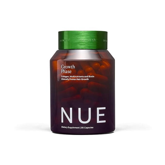 The Nue Co. GROWTH Phase Supplement, Supports Hair Growth, Reduces Breakage, Thicker & Fuller Hair, Contains Vitamins, Reishsi Mushrooms, Proteins & Adaptogens, Vegan, Gluten Free, 30 Capsules