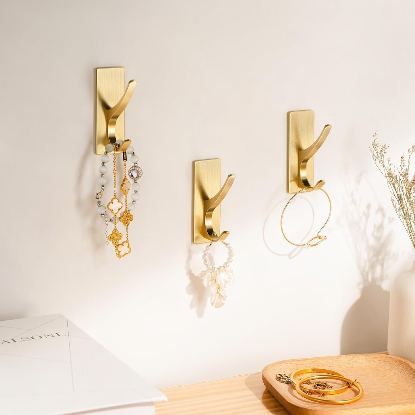 pickpiff Self Adhesive Coat Hooks for Hanging, Heavy Duty Stainless Double Wall Hook for Towel, Backpack, Hat, Sturdy Metal Hanger for Bathroom, Bedroom, Door, Wall Mounted, 6-Pack, Brushed Gold