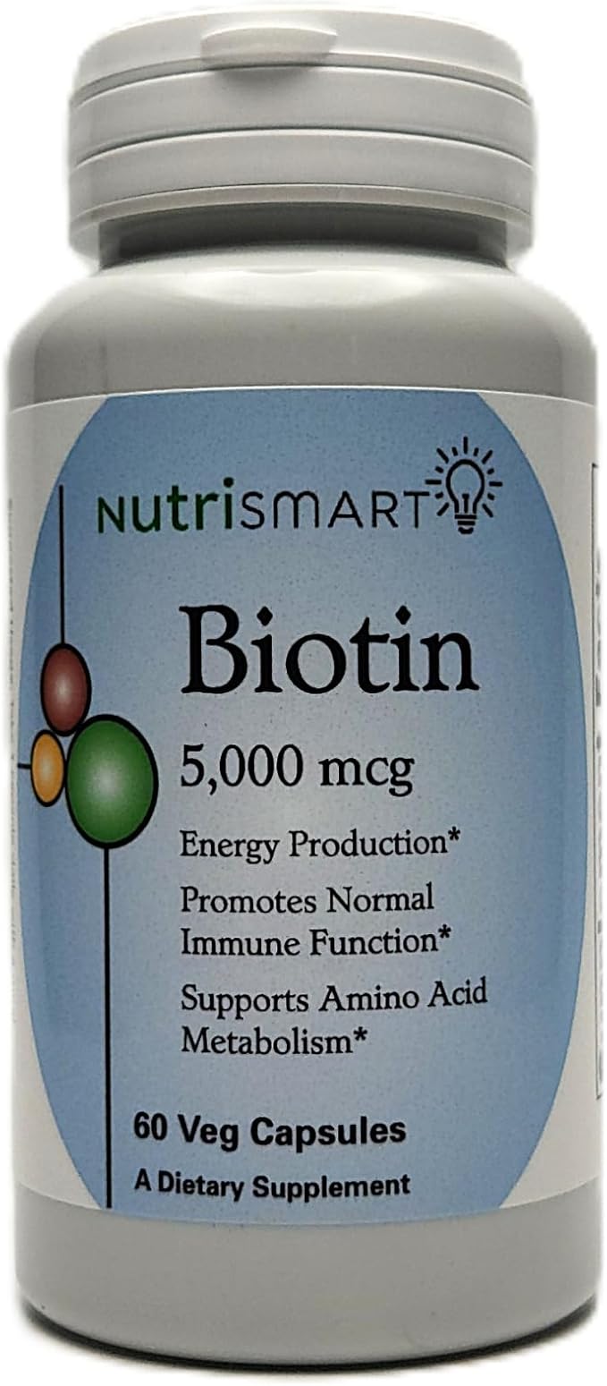 Biotin 5000 mcg Vitamin Supplement Hair Skin & Nail Strengthening to Aid Stress Relief Metabolism Carbohydrate Energy & Nervous System Support 60 Veg Capsules GMO Free