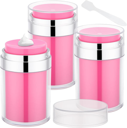 Segbeauty Airless Jar 3.4oz Travel Bottles for Toiletries, 3pcs Refillable Travel Size Lotion Jar Containers, 100ml Pink Plastic Cream Jars with Lids, Vacuum Empty Pump Bottles Dispenser for Makeup