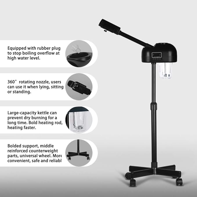 LCD Facial Steamer Professional for Clean Skin, Skin Care Use at Home, Beauty Salon, Spa with Hot Mist, Timer Function, Adjustable Height, Rolling Wheels - Black