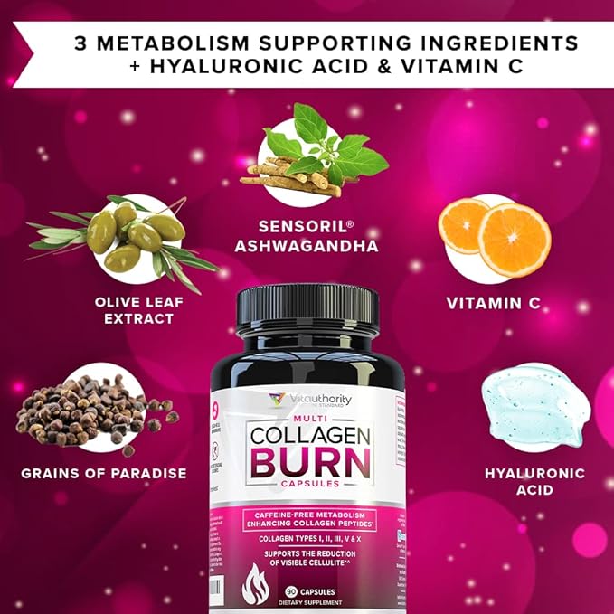 Multi Collagen Burn: Multi-Type Hydrolyzed Protein Peptides with Hyaluronic Acid, Vitamin C, SOD B Dimpless, Types I, II, III, V and X, Caffeine-Free (Unflavored Capsules)