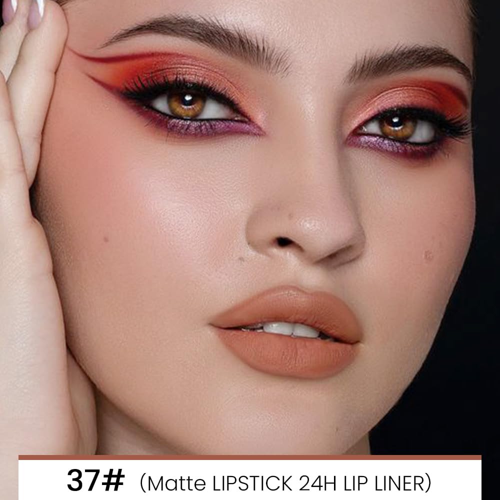 Kaely 2-in-1 Light Nude Brown Matte Lip Liner & Lipstick Combo Set Kit for Women, Magic Neutral Lipstick 24 Hours Original Lips Liner Pencil Stain Gloss Makeup Long Lasting Waterproof 37