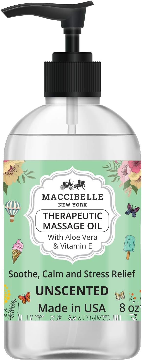 Maccibelle Unscented Natural Sensual Massage Oil for Couples Therapeutic Massage with Vitamin E and Aloe Vera a for Soothing, Calming and Muscle Relief 8 oz Fragance Free (Unscented)