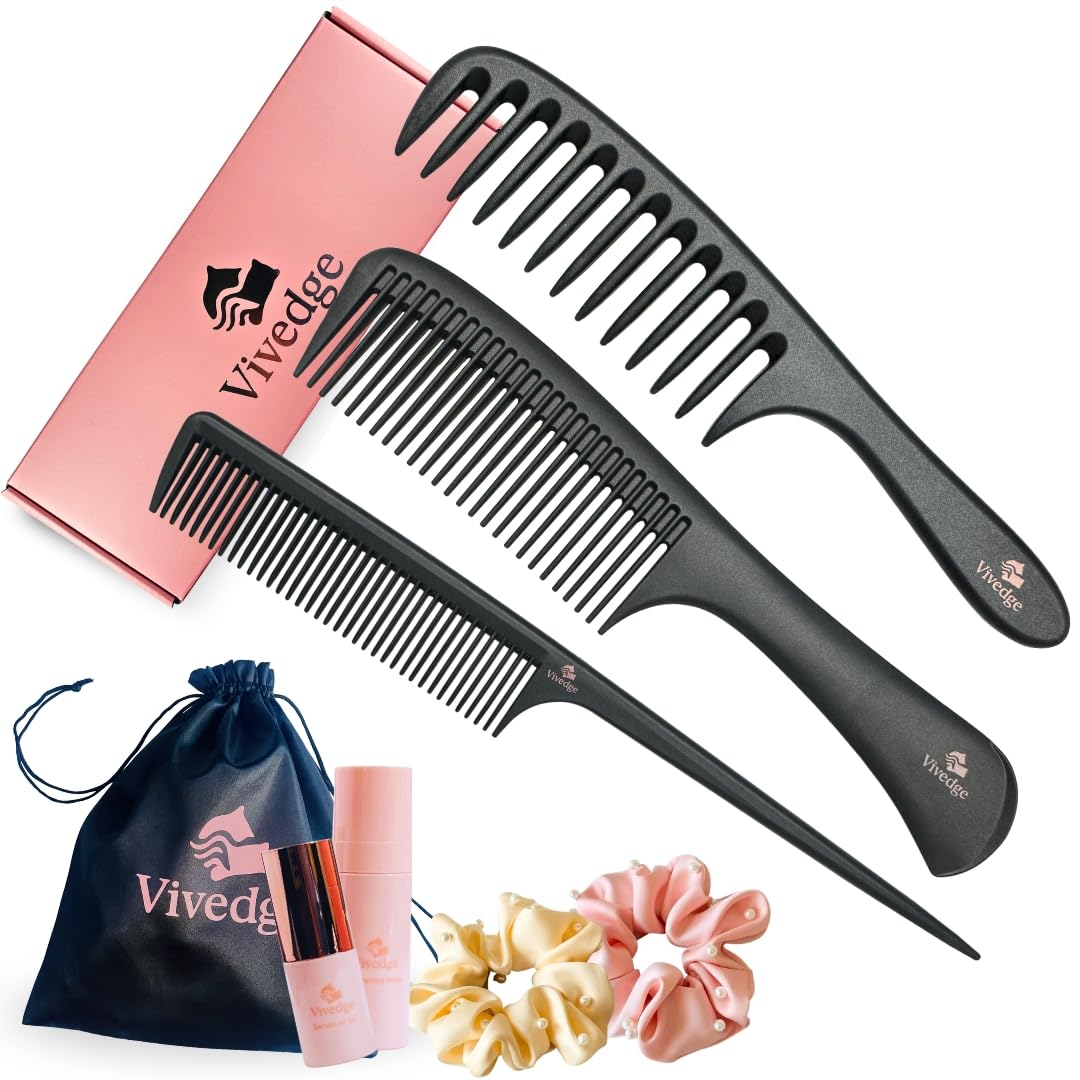 VIVEDGE| Carbon Comb Set for Hair Styling| Anti Static Frizz-free Detangling Wide Tooth Parting Combs with Premium Hair Acccessories | Gift set for loved ones(Pink-Light Yellow)