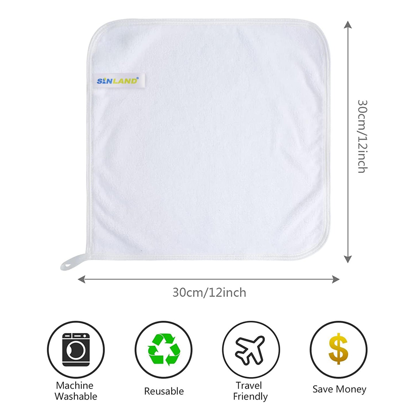 SINLAND Microfiber Face Cloths Reusable Makeup Remover Washcloths Super Soft and Absorbent Fingertip Face Towels for Sensitive Skin Women 12 x 12 Inch 3 Pack White