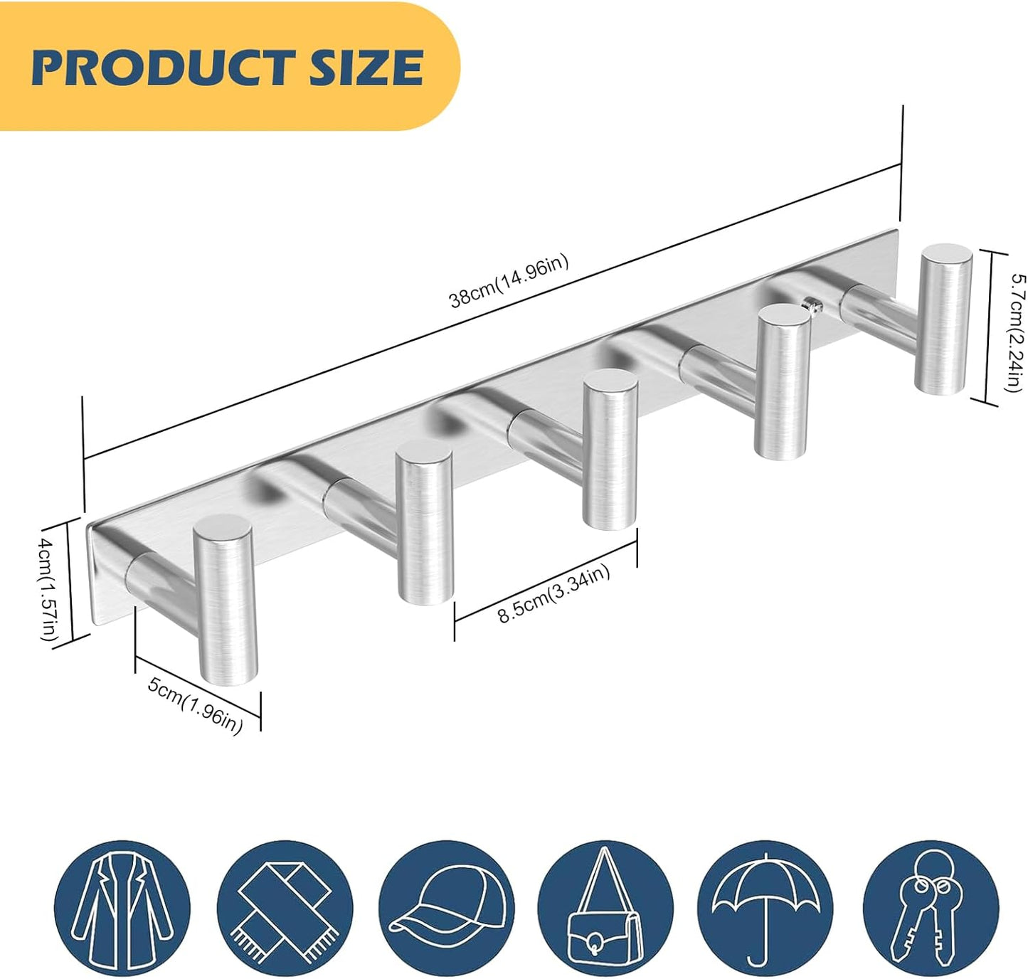 HUFEEOH Coat Hooks Wall Mount, 2 Pack T Shaped 5 Hooks Stainless Steel Wall Hooks Silver Towel Rack for Hanging, Heavy Duty Key Holder Hat Rack Used for Bathroom