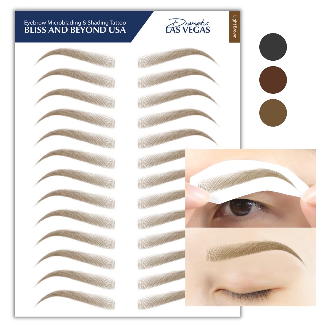 Bliss and Beyond USA, 2 sheets eyebrow tattoo waterproof sticker, Long Lasting, Natural Looking Fake Eyebrow for Alopecia, Chemo, Cancer. Same Size eyebrow tattoos (Dramatic Las Vegas, Light Brown)