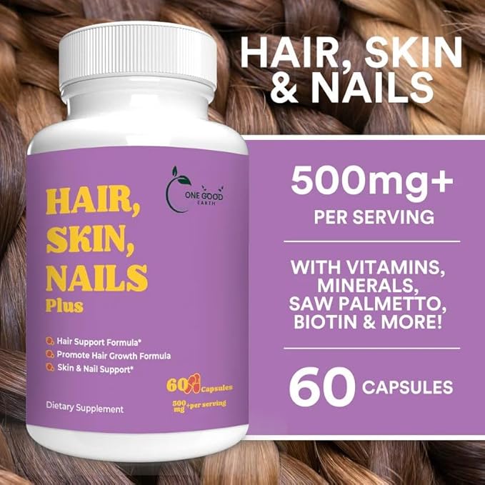 Hair, Skin & Nails Plus (60 Capsules) 500mg+ with Biotin, Vitamins & Minerals, Saw Palmetto with Vitamins A, C, D and E