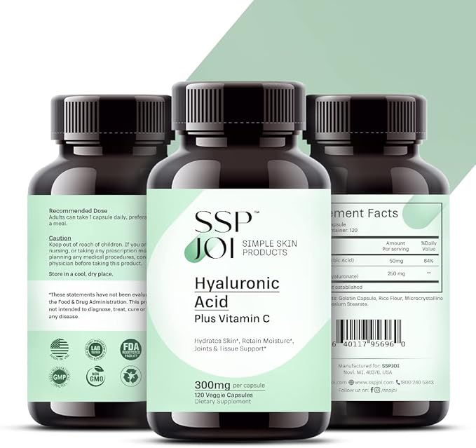 Hyaluronic Acid 250mg with 50mg Vitamin C per Capsule - 120 Veggie Capsules - Supports Skin Hydration, Youthful Skin, Joints Lubrication