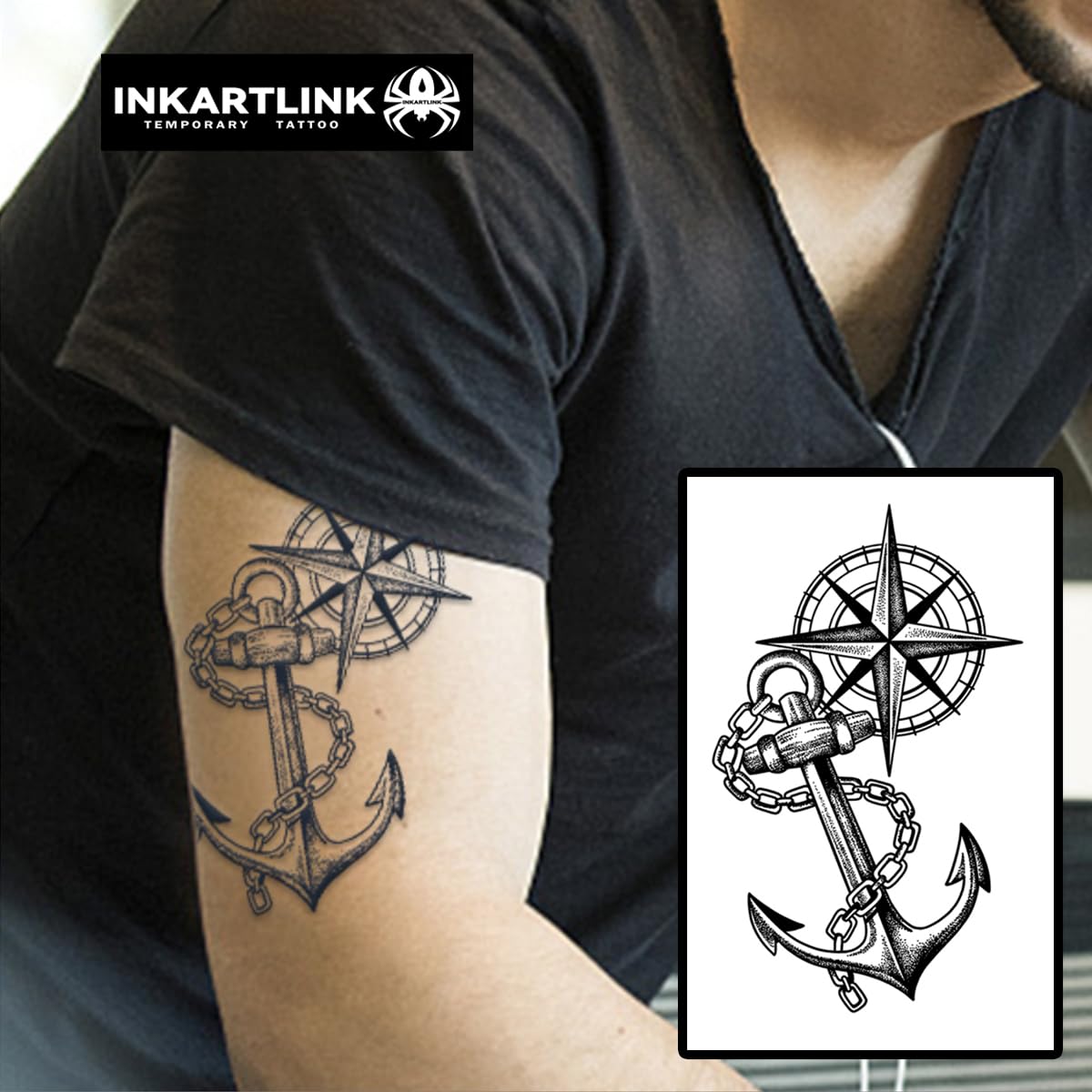 INKARTLINK Semi Permanent Tattoo, Temporary Tattoo, cool boy's gift, adult art design, party gift, waterproof, realistic, no adhesive, no reflective (Star And Moon Anchor)