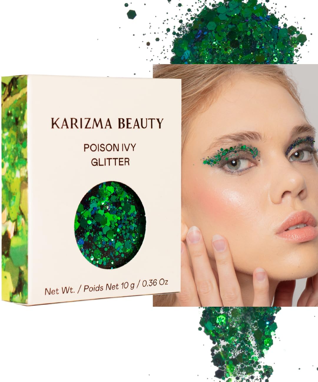 KARIZMA Poison Ivy Body Glitter. 10g Chunky Hair Eye and Body Shimmers for Women. Rave, Festival Accessories, Cosmetic Makeup. Loose Set