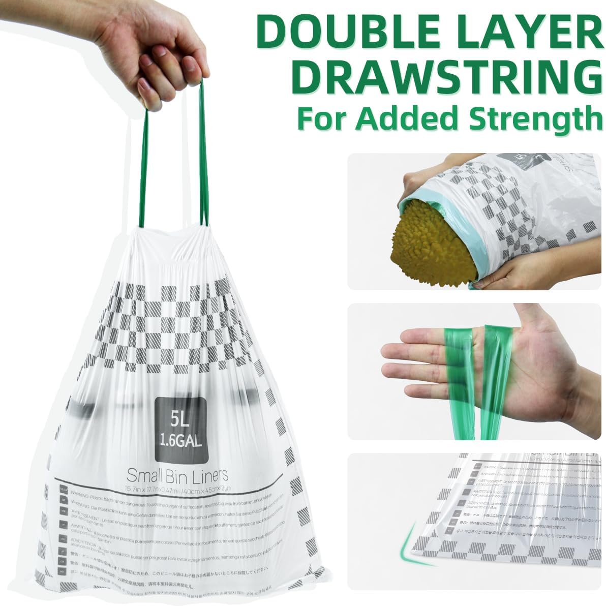 OKKEAI 1.5 Gallon Drawstring Garbage Bags – 55 Count Small Printed Trash Bags, Leak-Proof Mini Bin Liners with Safety Warning, Odor Block & Strong Seal for Home, Baby Room, Bathroom