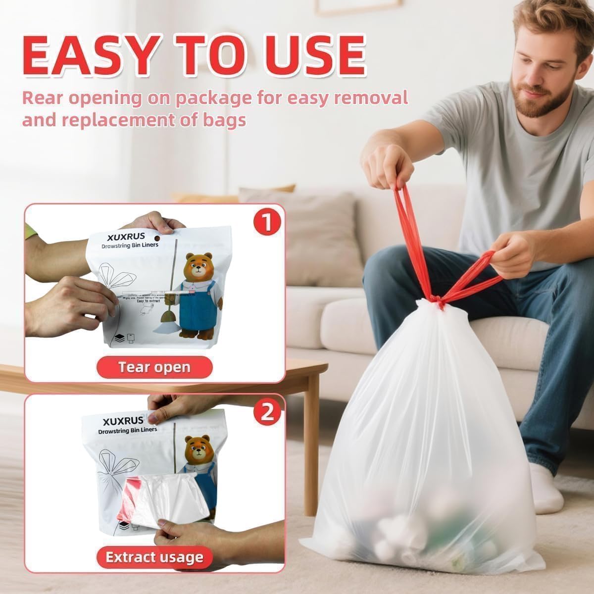 2.6-3 Gallon Trash bag Small White Drawstring Trash Bags, Tear-Free Heavy Duty Garbage Bags, Leak-Proof & Odor Blocking Small Garbage Liners for Kitchen, Bathroom, Multi-Purpose Use 60 Count by XUXRUS