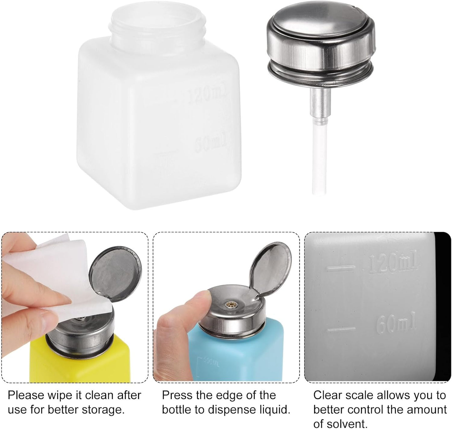 HARFINGTON 4PCS 120ML(4oz) Push Down Alcohol Dispenser Pump Liquid Press Empty Bottles Refillable Container for Acetone Cleanser Nail Polish Remover, White