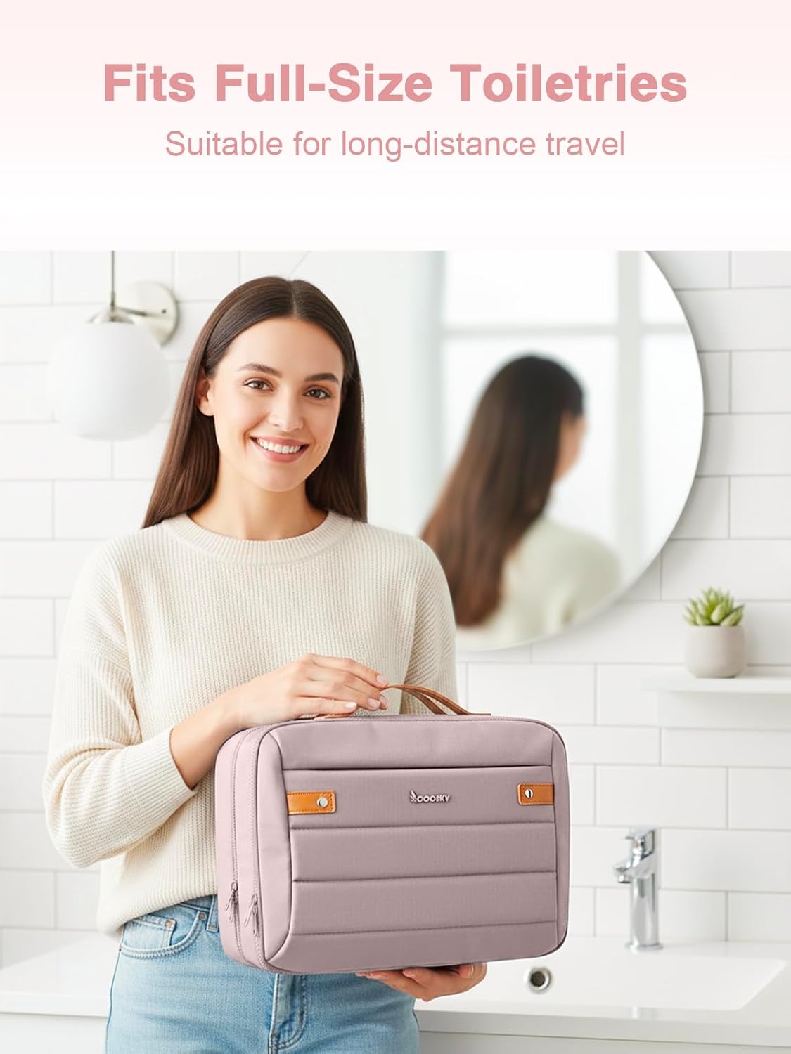 Women's Hanging Toiletry Bag, Waterproof Travel Cosmetic Organizer with Jewelry Storage, Large Capacity Makeup Case for Full-Size Skincare & Bathroom Essentials, Portable Cosmetic kit, Pink