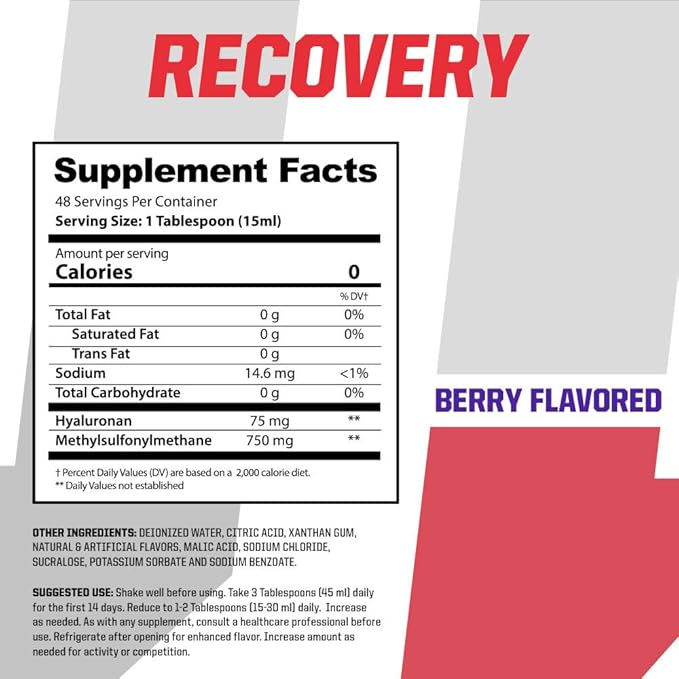 Undefined Nutrition Recovery by Brian Shaw - Oral Liquid Hyaluronic Acid (HA) + MSM - Protects Joints and Muscles, Reduces Post Workout Soreness – Joint and Connective Tissue Repair Supplement – 24 oz