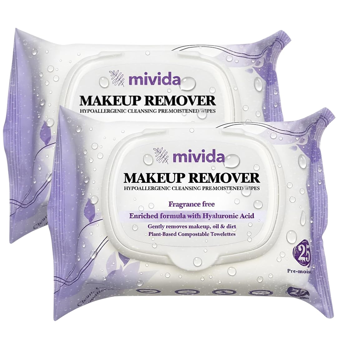 mivida Hypoallergenic Makeup Remover Wipes With Hyaluronic Acid, Alcohol Free & Frageance Free Makeup Wipes For Sensitive Skin, Plant Based Make Up Remover, Travel Friendly 2 × 25 Count