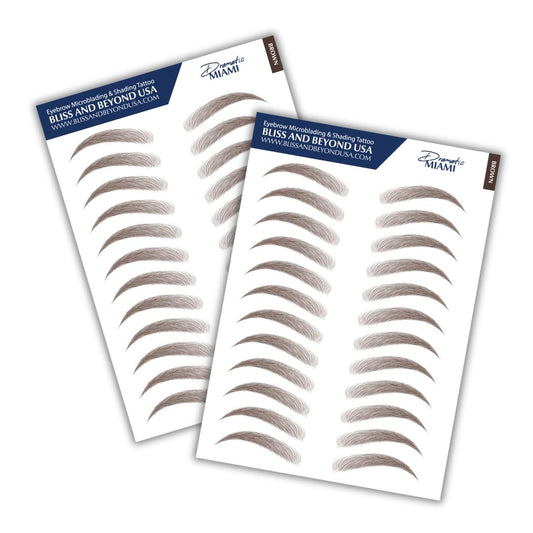 Bliss and Beyond USA, 2 Sheets Waterproof Eyebrow Tattoo Stickers, Long Lasting, Natural Looking Fake Eyebrows for Alopecia, Chemo, Cancer Gift. Same Size (Dramatic Miami, Brown)