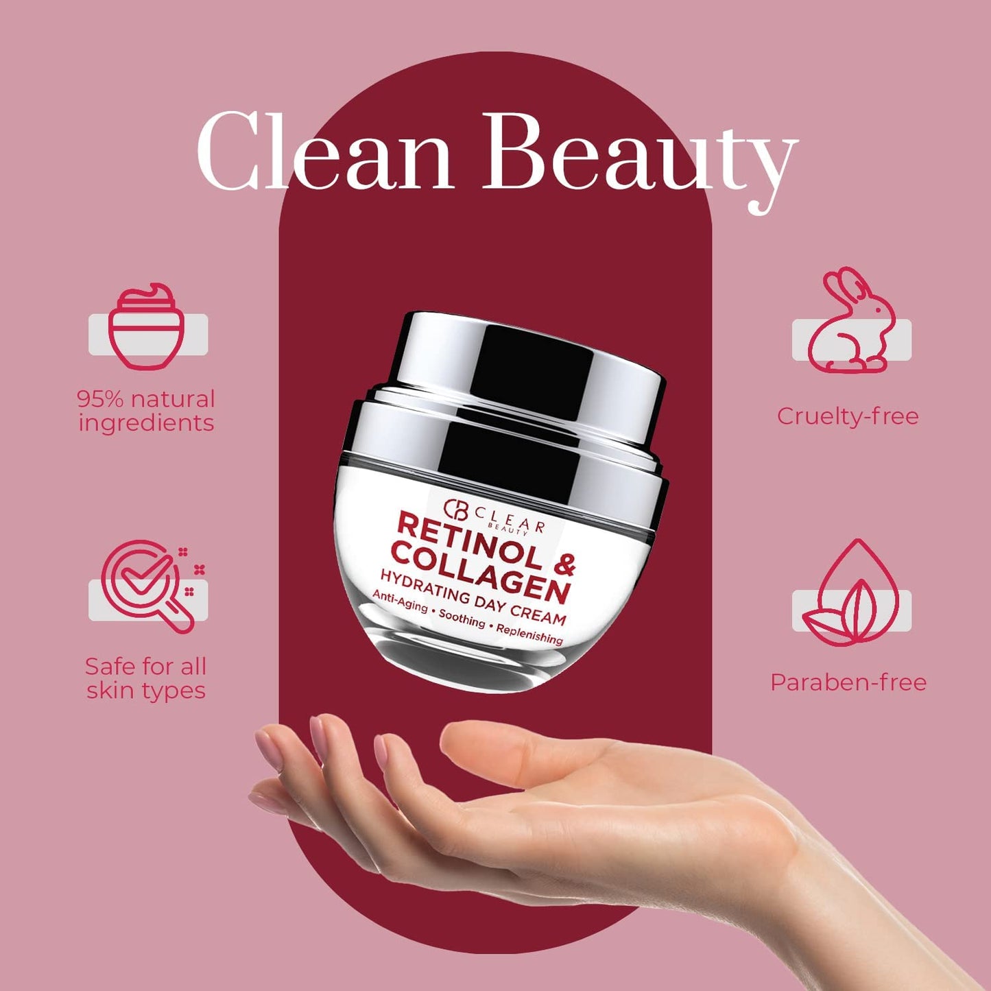 Clear Beauty Retinol & Collagen Daily Face Moisturizer - Dermatologist Tested, Reduces Wrinkles, Fine Lines & Blemishes, Hydrating Anti-Aging, Clean Beauty, Cruelty-Free Korean Skin Care - 1.69 oz