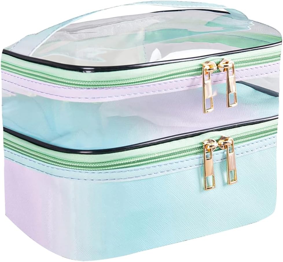 FITINI Makeup Bags Double Layer Travel Storage Cosmetic Cases Make up Organizer Toiletry Bags Water-resistant for Women Makeup Brush Bag,Gradient Green