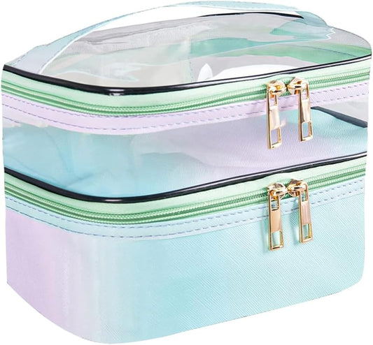 FITINI Makeup Bags Double Layer Travel Storage Cosmetic Cases Make up Organizer Toiletry Bags Water-resistant for Women Makeup Brush Bag,Gradient Green