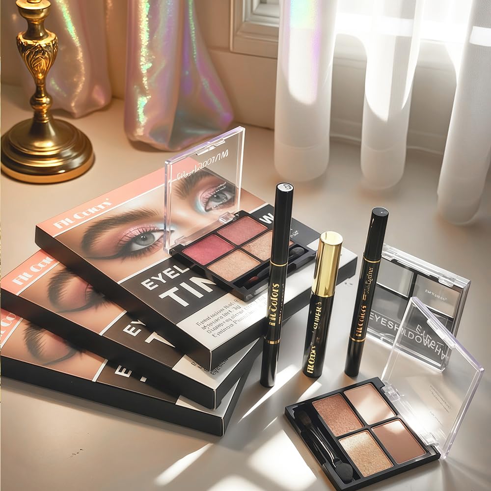 4-in-1 Eye Makeup Kit 4-Color Eyeshadow Palette Double-Ended Liquid Eyeliner Volumizing Mascara Eyebrow Pencil & Brush for Daily Makeup（02#)