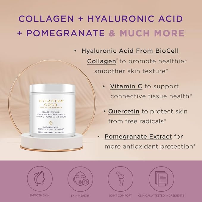 Purity Products Hylastra Gold Softgels Collagen + Hyaluronic Acid + Beauty Boosting Powerhouse Ingredients - Increased Skin Hydration & Elasticity - Reduces Fine Lines & Wrinkles - 90 Softgels